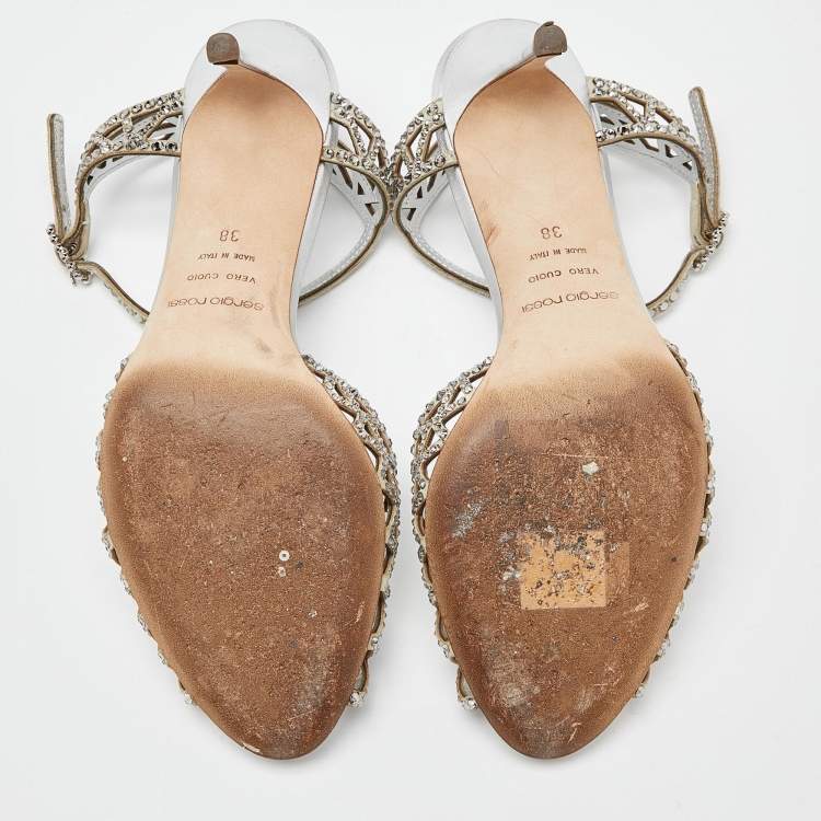 مملوكة مسبقًا Sergio Rossi Silver Crystal Embellished Suede T-Bar Ankle Strap Sandals Size 38