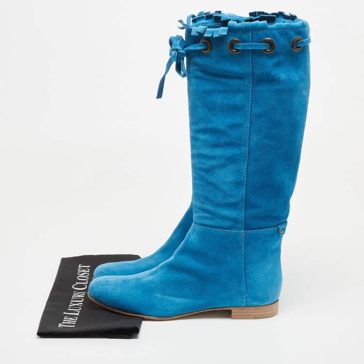 Pre Owned Sergio Rossi Blue Suede Bow Knee Length Boots Size 40