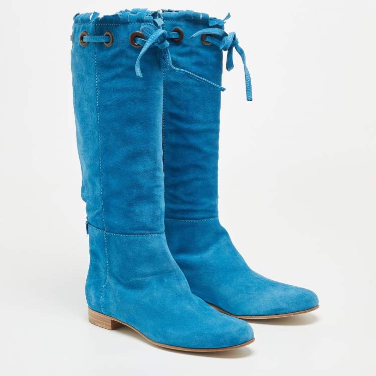Pre Owned Sergio Rossi Blue Suede Bow Knee Length Boots Size 40