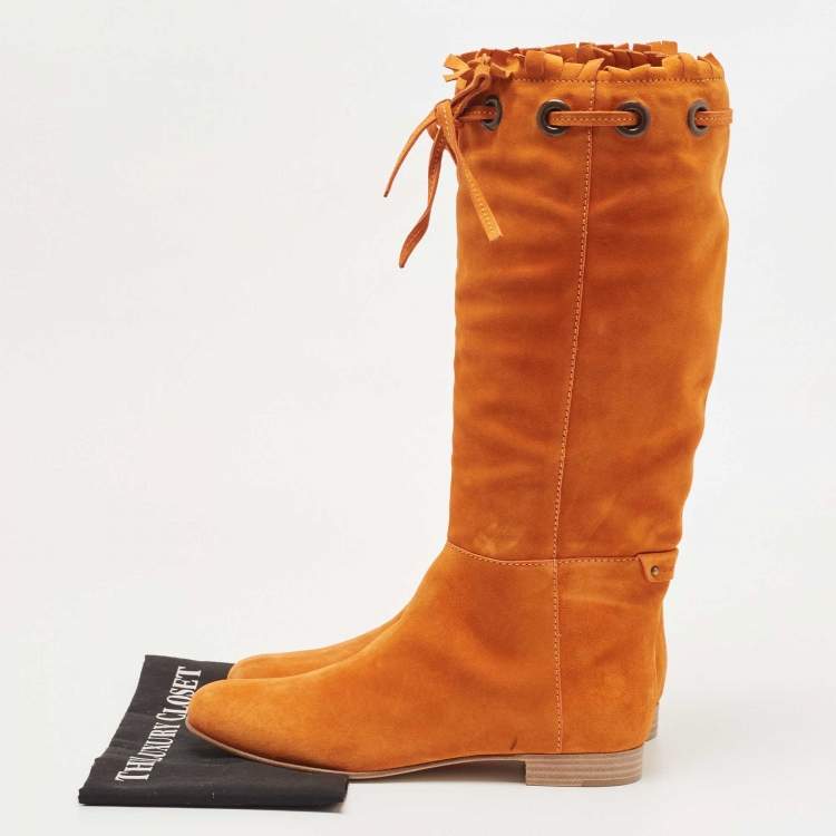 Pre Owned Sergio Rossi Orange Suede Bow Knee Length Boots Size 40