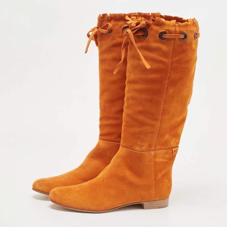 Pre Owned Sergio Rossi Orange Suede Bow Knee Length Boots Size 40