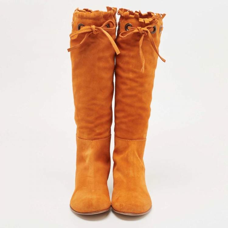 Pre Owned Sergio Rossi Orange Suede Bow Knee Length Boots Size 40