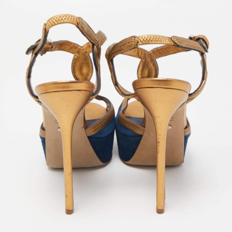 Pre Owned Sergio Rossi Navy Blue/Copper Suede and Leather T-Bar Platform Ankle Strap Sandals Size 39