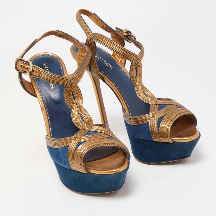 Pre Owned Sergio Rossi Navy Blue/Copper Suede and Leather T-Bar Platform Ankle Strap Sandals Size 39