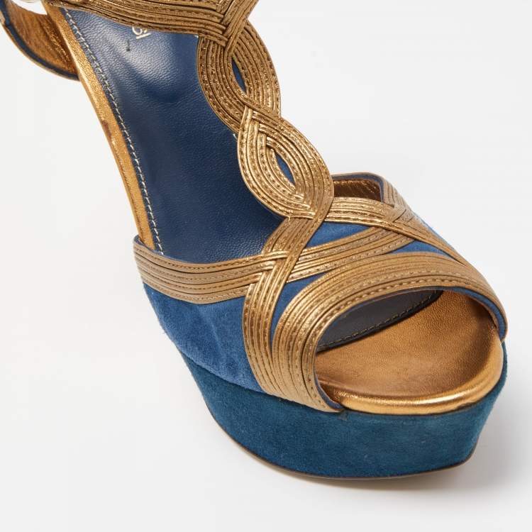 Pre Owned Sergio Rossi Navy Blue/Copper Suede and Leather T-Bar Platform Ankle Strap Sandals Size 39