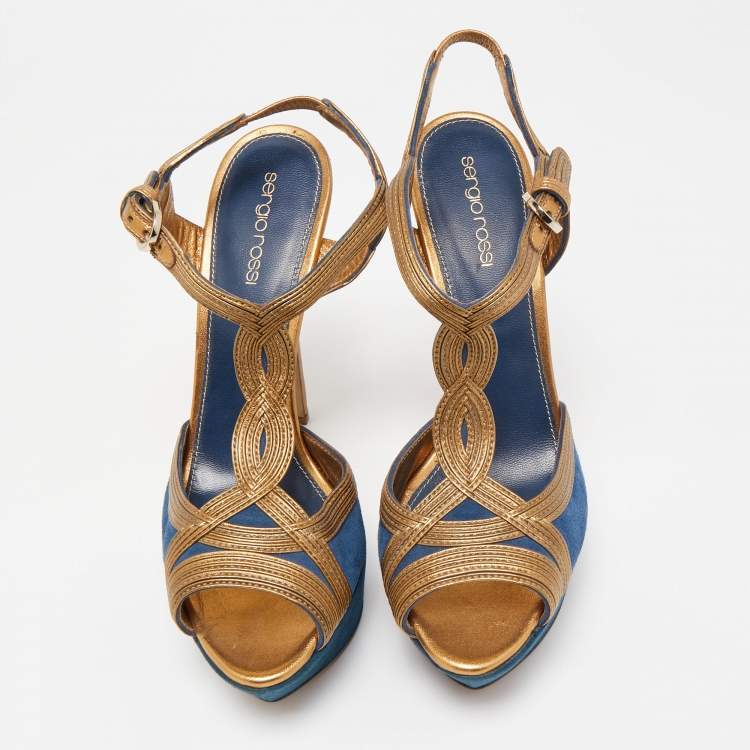 Pre Owned Sergio Rossi Navy Blue/Copper Suede and Leather T-Bar Platform Ankle Strap Sandals Size 39