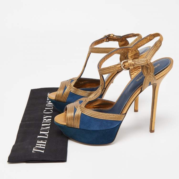 Pre Owned Sergio Rossi Navy Blue/Copper Suede and Leather T-Bar Platform Ankle Strap Sandals Size 39