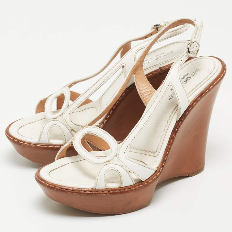 Pre Owned Sergio Rossi White Cut Out Leather Slingback Wedge Sandals Size 36.5