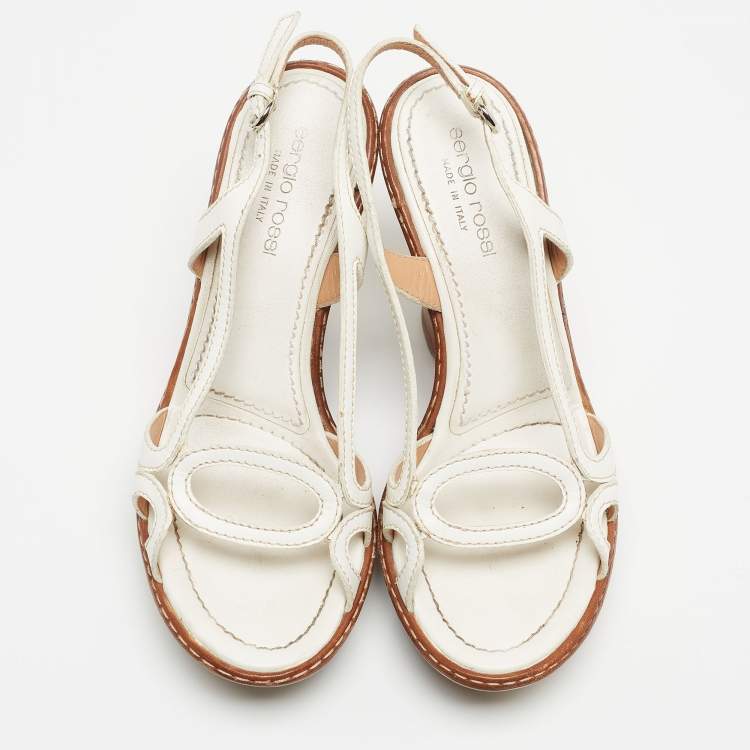Pre Owned Sergio Rossi White Cut Out Leather Slingback Wedge Sandals Size 36.5