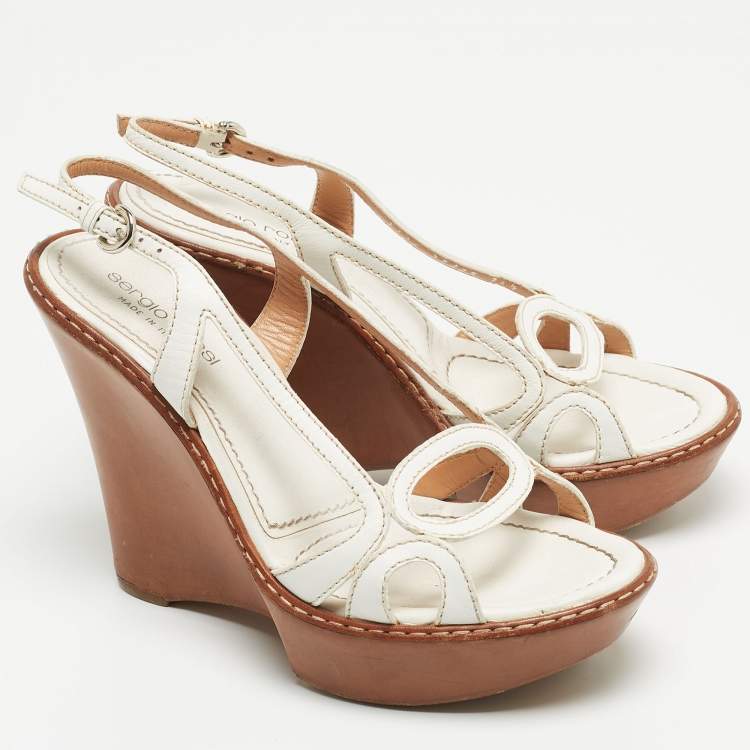 Pre Owned Sergio Rossi White Cut Out Leather Slingback Wedge Sandals Size 36.5