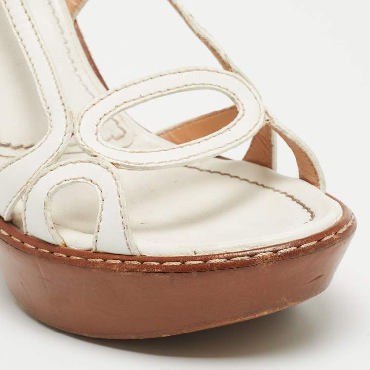 Pre Owned Sergio Rossi White Cut Out Leather Slingback Wedge Sandals Size 36.5