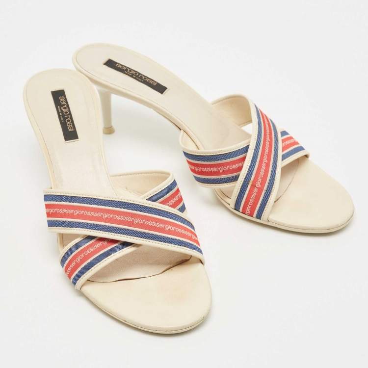 مملوكة مسبقًا Sergio Rossi White Fabric and Leather Logo Cross Strap Slide Sandals Size 40