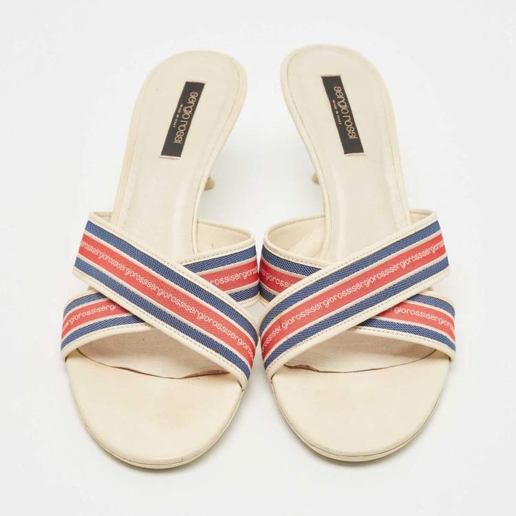 مملوكة مسبقًا Sergio Rossi White Fabric and Leather Logo Cross Strap Slide Sandals Size 40