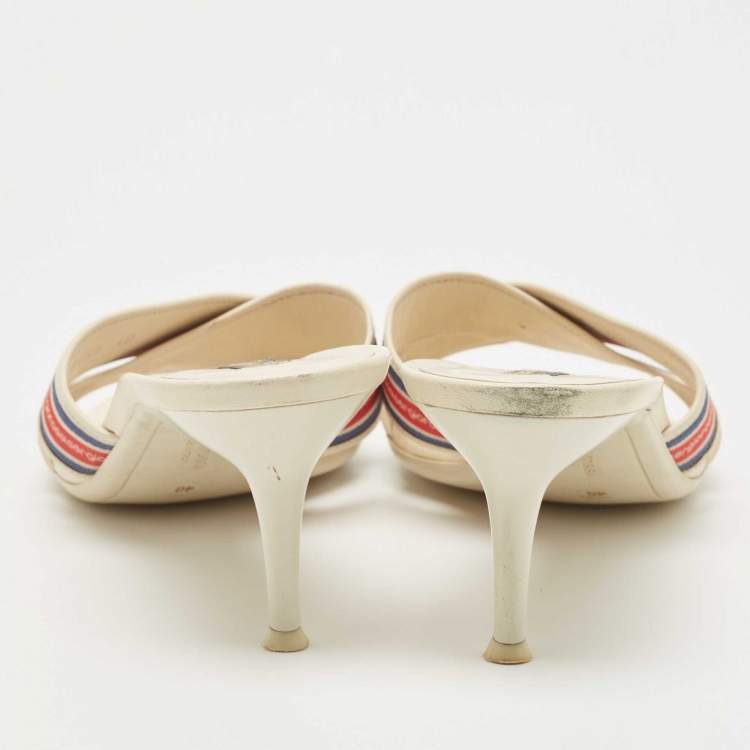 مملوكة مسبقًا Sergio Rossi White Fabric and Leather Logo Cross Strap Slide Sandals Size 40