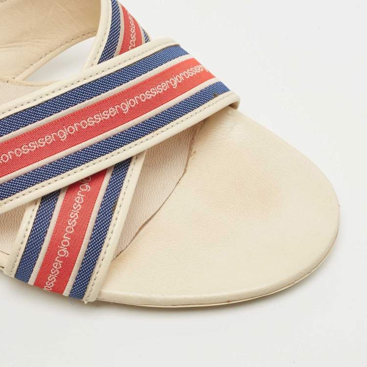 مملوكة مسبقًا Sergio Rossi White Fabric and Leather Logo Cross Strap Slide Sandals Size 40