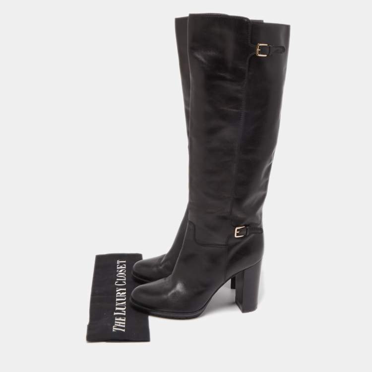 Pre Owned Sergio Rossi Black Leather  Buckle Detail Knee Length Boots Size 38