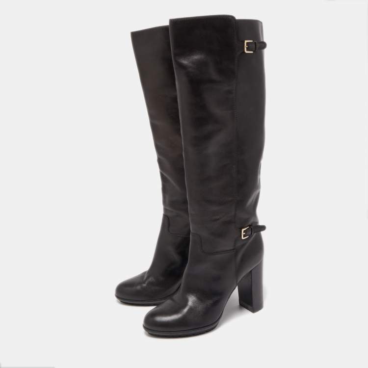 Pre Owned Sergio Rossi Black Leather  Buckle Detail Knee Length Boots Size 38