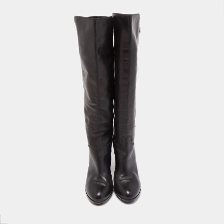 Pre Owned Sergio Rossi Black Leather  Buckle Detail Knee Length Boots Size 38