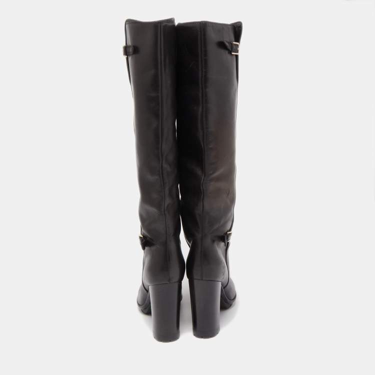 Pre Owned Sergio Rossi Black Leather  Buckle Detail Knee Length Boots Size 38