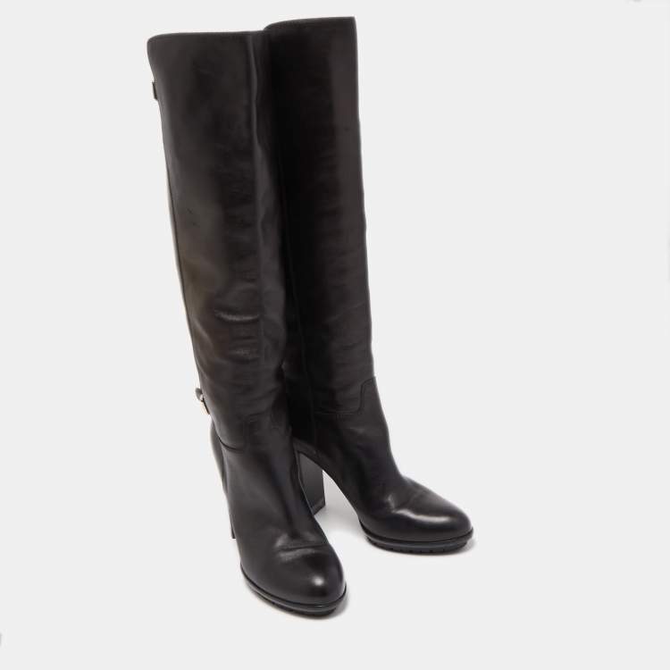 Pre Owned Sergio Rossi Black Leather  Buckle Detail Knee Length Boots Size 38