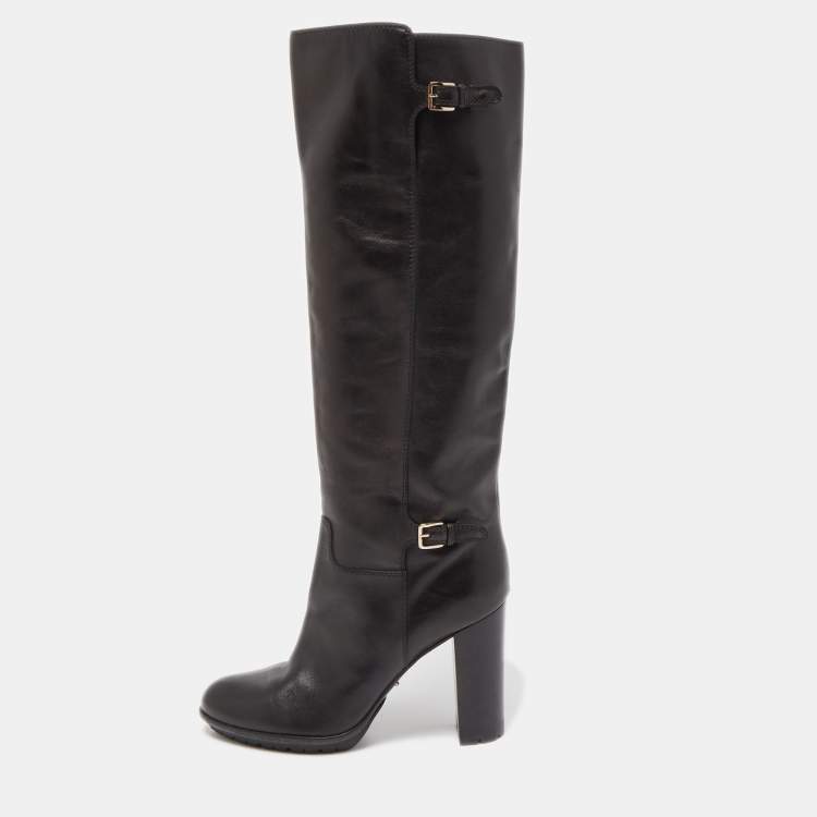 Pre Owned Sergio Rossi Black Leather  Buckle Detail Knee Length Boots Size 38