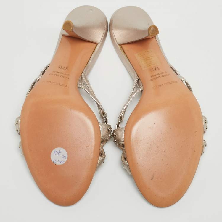 Pre Owned Sergio Rossi Metallic Pink Leather Embellished Slide Sandals Size 37.5