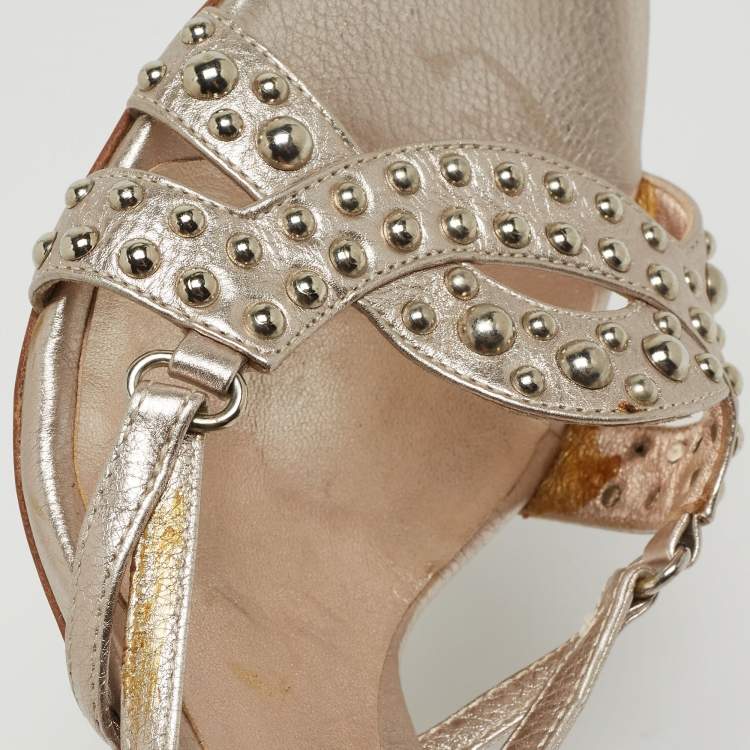 Pre Owned Sergio Rossi Metallic Pink Leather Embellished Slide Sandals Size 37.5