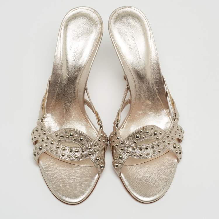 Pre Owned Sergio Rossi Metallic Pink Leather Embellished Slide Sandals Size 37.5