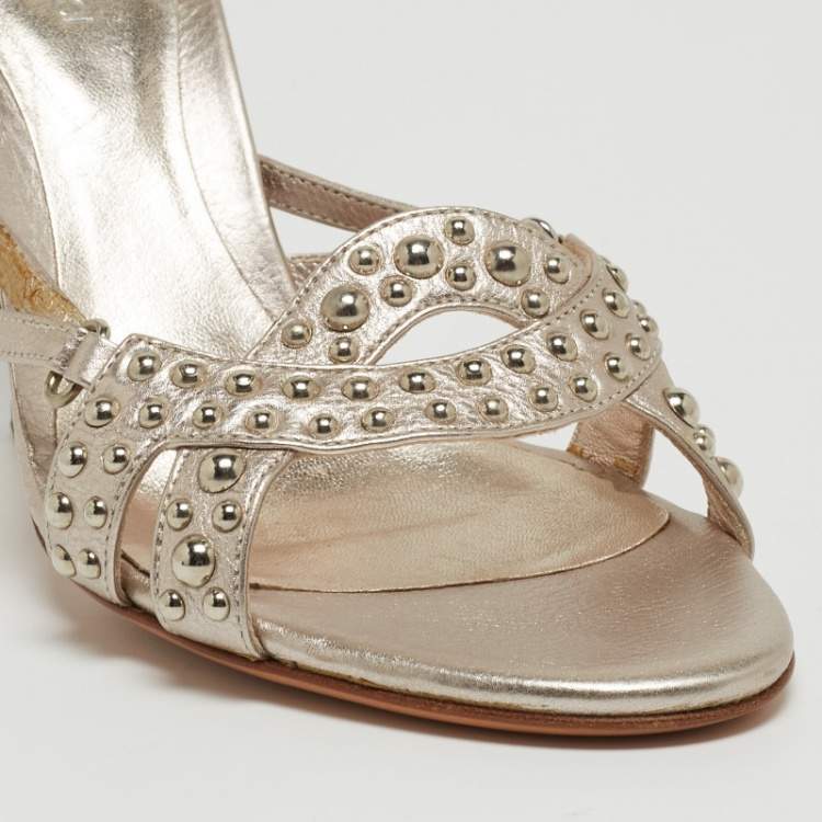 Pre Owned Sergio Rossi Metallic Pink Leather Embellished Slide Sandals Size 37.5