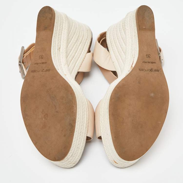 Pre Owned Sergio Rossi Beige Leather Espadrille Wedge Ankle Strap Sandals 39
