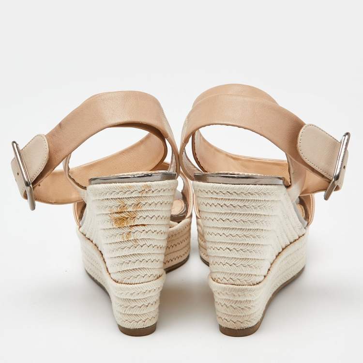 Pre Owned Sergio Rossi Beige Leather Espadrille Wedge Ankle Strap Sandals 39