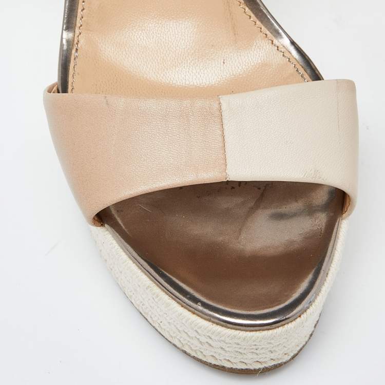 Pre Owned Sergio Rossi Beige Leather Espadrille Wedge Ankle Strap Sandals 39