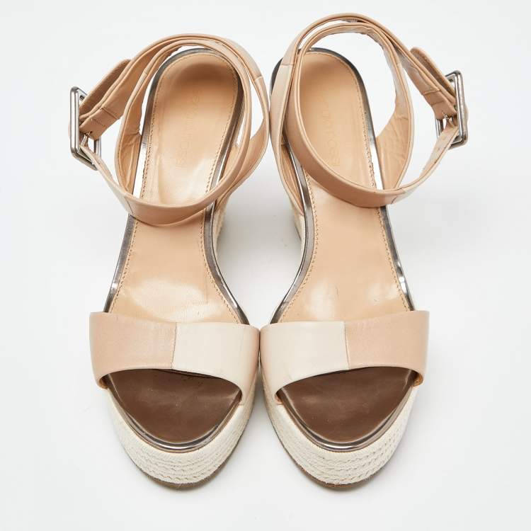 Pre Owned Sergio Rossi Beige Leather Espadrille Wedge Ankle Strap Sandals 39