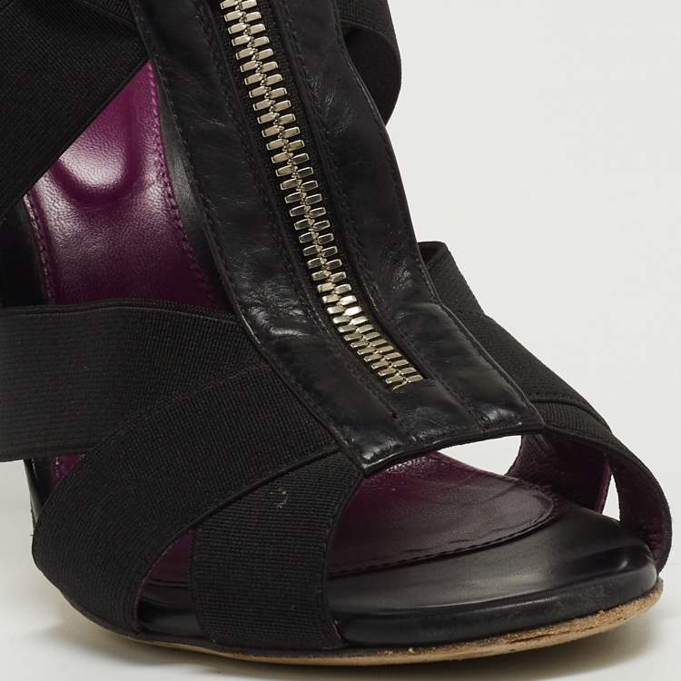 Pre Owned Sergio Rossi Black Elastic and Leather Ankle Strap Sandals Size 38