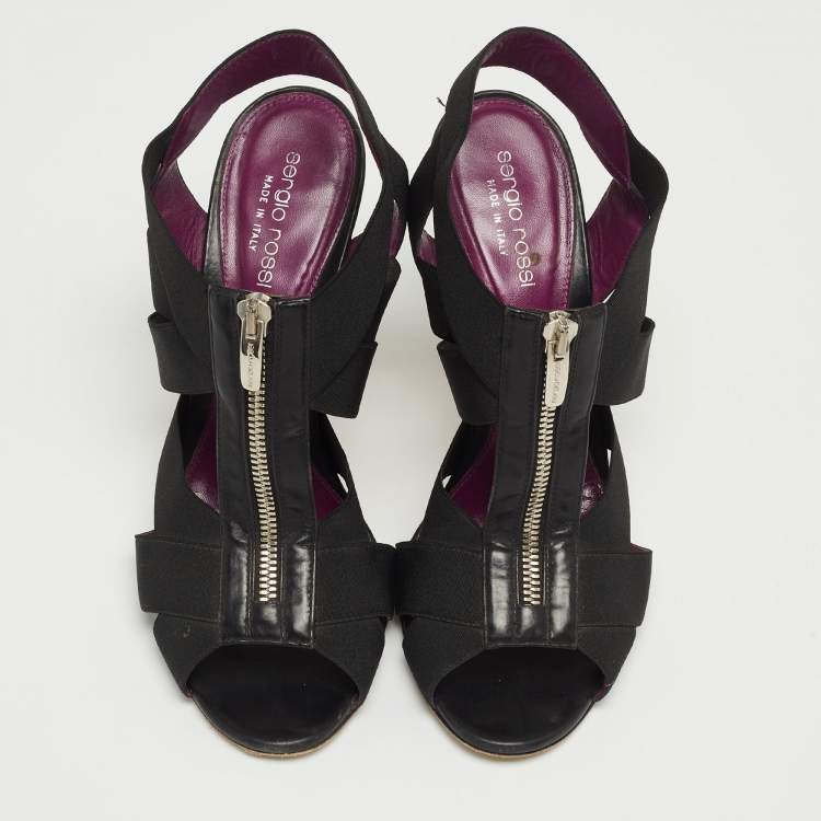 Pre Owned Sergio Rossi Black Elastic and Leather Ankle Strap Sandals Size 38