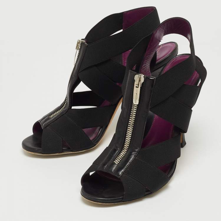 Pre Owned Sergio Rossi Black Elastic and Leather Ankle Strap Sandals Size 38