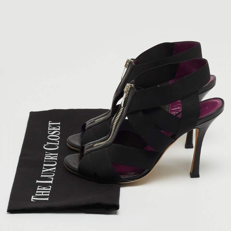 Pre Owned Sergio Rossi Black Elastic and Leather Ankle Strap Sandals Size 38