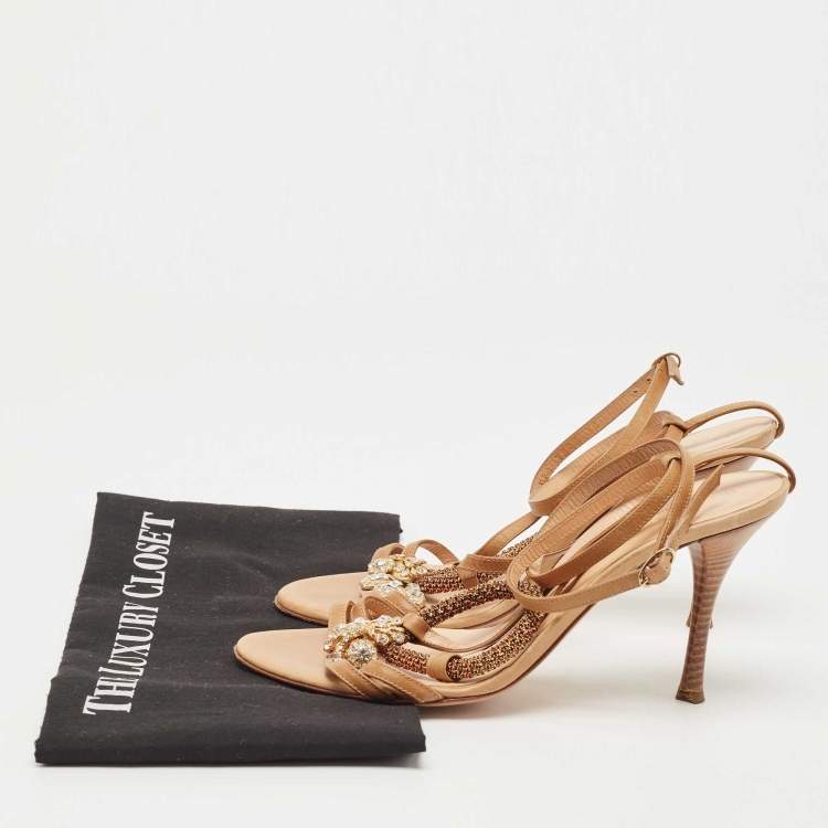 Pre Owned Sergio Rossi Brown Leather Crystal Embellished Strappy Sandals Size 38
