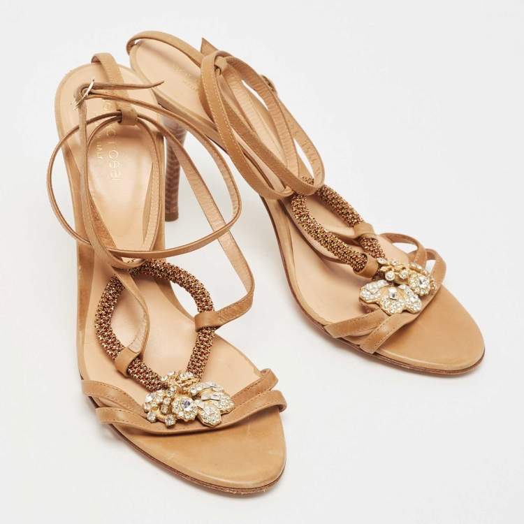 Pre Owned Sergio Rossi Brown Leather Crystal Embellished Strappy Sandals Size 38