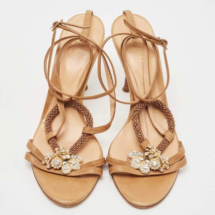 Pre Owned Sergio Rossi Brown Leather Crystal Embellished Strappy Sandals Size 38
