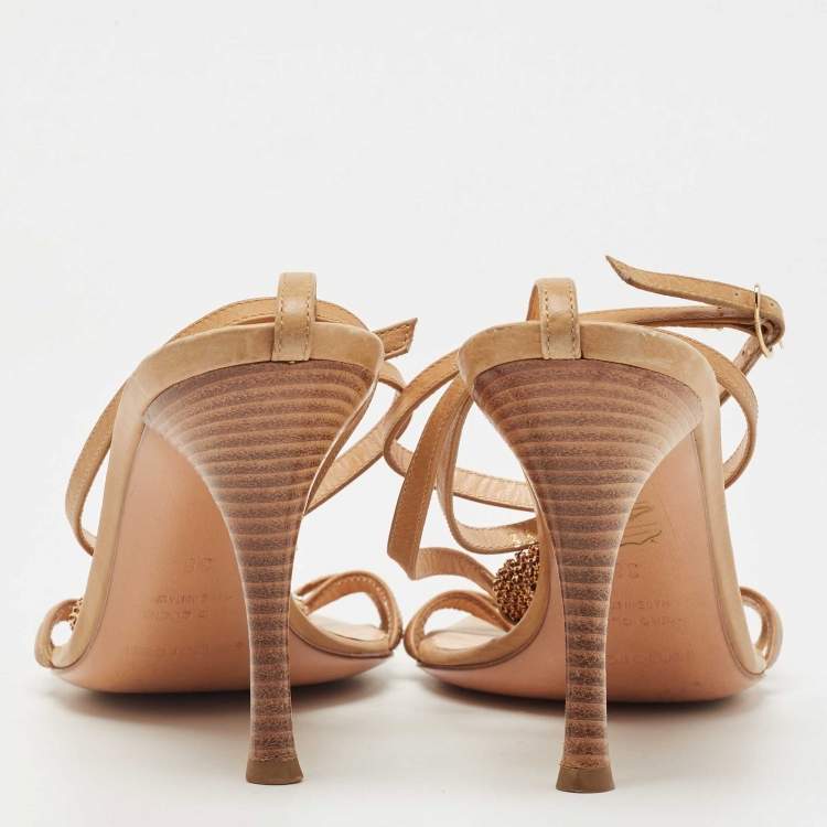 Pre Owned Sergio Rossi Brown Leather Crystal Embellished Strappy Sandals Size 38