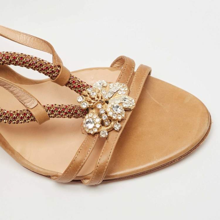 Pre Owned Sergio Rossi Brown Leather Crystal Embellished Strappy Sandals Size 38