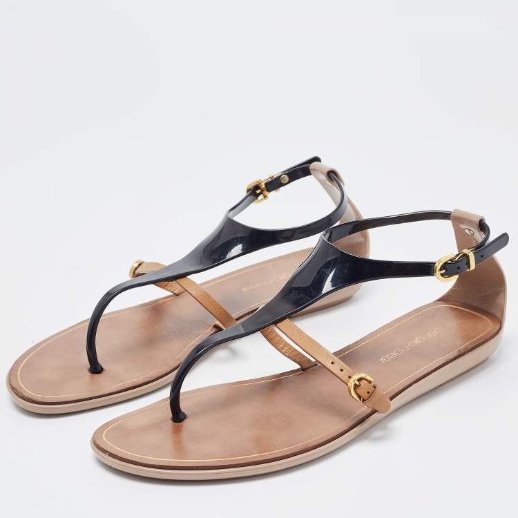 Pre Owned Sergio Rossi Two Tone Jelly and Leather Thong Flats Size 38