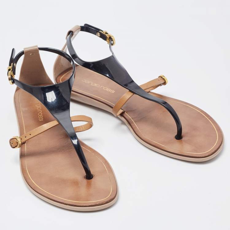 Pre Owned Sergio Rossi Two Tone Jelly and Leather Thong Flats Size 38