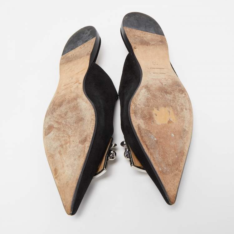 Pre Owned Sergio Rossi Black Suede Slingback Flat Mules Size 38