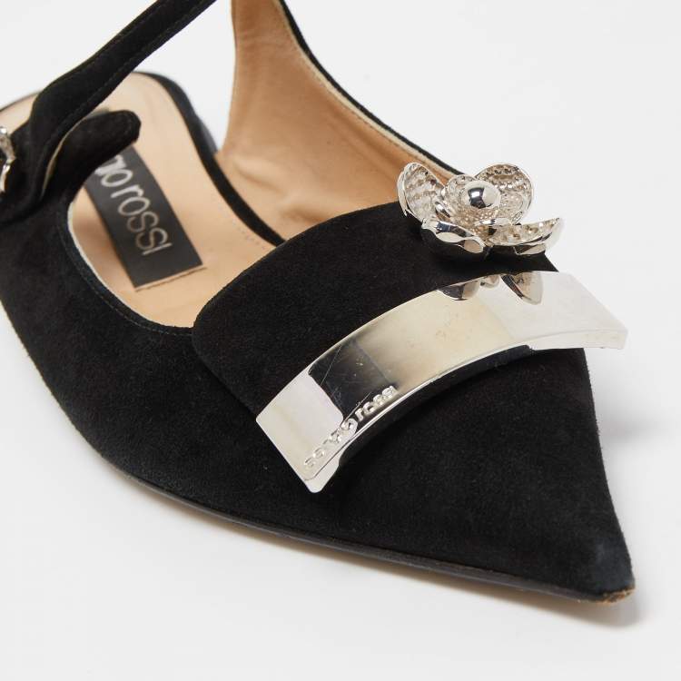 Pre Owned Sergio Rossi Black Suede Slingback Flat Mules Size 38