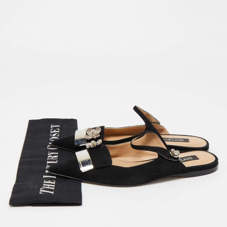 Pre Owned Sergio Rossi Black Suede Slingback Flat Mules Size 38