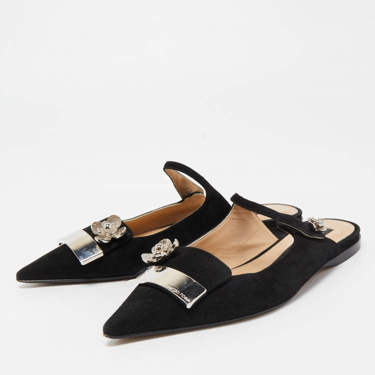 Pre Owned Sergio Rossi Black Suede Slingback Flat Mules Size 38