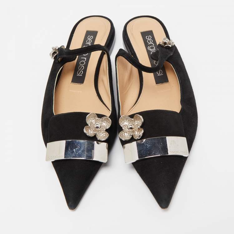 Pre Owned Sergio Rossi Black Suede Slingback Flat Mules Size 38