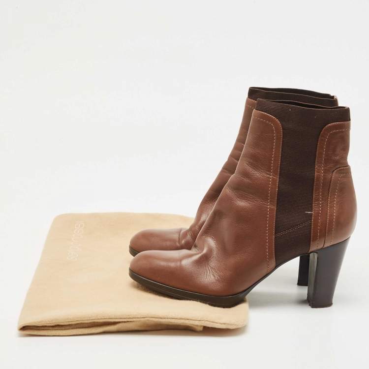 Pre Owned Sergio Rossi Brown Leather and Knit Fabric Ankle Boots Size 39